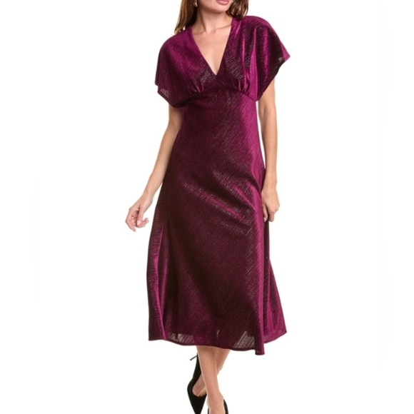 Plum Purple Shimmery Velvet Formal Dolman Sleeve Midi Dress Size 4 - Picture 1 of 11
